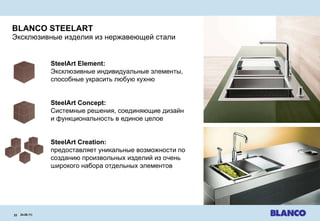 BLANCO STEELART Эксклюзивные изделия из нержавеющей стали 24.08.11 |   SteelArt Element: Эксклюзивные индивидуальные элементы,   способные украсить любую кухню SteelArt Concept: Системные решения, соединяющие дизайн и функциональность в единое целое SteelArt Creation: предоставляет уникальные возможности   по созданию произвольных изделий из очень широкого набора отдельных элементов 