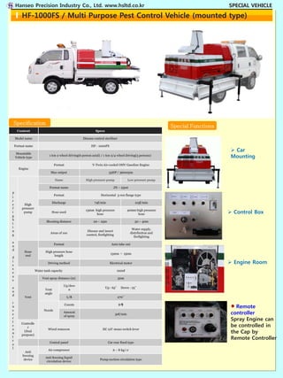 Hanseo Precision Industry Co., Ltd. www.hsltd.co.kr                                                                             SPECIAL VEHICLE

        HF-1000FS / Multi Purpose Pest Control Vehicle (mounted type)




Specification
                                                                                                                Special Functions
     Content                                                   Specs

    Model name                                        Disease control sterilizer

    Format name                                             HF - 1000FS
                                                                                                                                      Car
    Mountable
    Vehicle type
                              1 ton 2 wheel driving(6 person axial) / 1 ton 2/4 wheel driving(3 persons)
                                                                                                                                     Mounting
                                   Format                    V-Twin Air-cooled OHV Gasoline Engine
      Engine
                               Max output                                 35HP / 3600rpm

                                   Name                 High pressure pump                 Low pressure pump

                              Format name                                    JN – 2500
F
                                   Format                           Horizontal 3 run flange type
i
r
                               Discharge                       74ℓ/min                          215ℓ/min
e         High
f       pressure
                                                        13mm high pressure                 40mm high pressure
i        pump                  Hose used
                                                              hose                               hose                                Control Box
g
h
                            Shooting distance                 20 ~ 25m                         30 ~ 40m
t
i
                                                                                             Water supply,
n                                                         Disease and insect
                              Areas of use                                                  distribution and
g                                                        control, firefighting
                                                                                               firefighting
a
                                   Format                                   Auto take out
n
d
          Hose             High pressure hose
                                                                           13mm × 150m
          reel                   length
d
i
s
                             Driving method                               Electrical motor                                           Engine Room
s
                    Water tank capacity                                           1000ℓ
e
a
                         Vent spray distance (m)                                   30m
s
                                          Up/dow
a                                                                      Up : 65˚     Down : 25˚
                          Vent              n
n
                          angle
d
          Vent                               L/R                                   270˚
i
                                            Counts                                 8개
n                                                                                                                                      Remote
s                         Nozzle
e
                                          Amount
                                          of spray
                                                                                 30ℓ/min                                             controller
c
t
                                                                                                                                     Spray Engine can
        Controlle
c
           r                                                                                                                         be controlled in
o                            Wired remocon                           DC 12V mono switch lever
n
         (dual
        purpose)
                                                                                                                                     the Cap by
t
r
                                                                                                                                     Remote Controller
                              Central panel                              Car rear fixed type
o
l
                             Air compressor                                  6 ~ 8 kg/㎠
           Anti
         freezing
                           Anti freezing liquid
          device                                                   Pump suction circulation type
                            circulation device
 