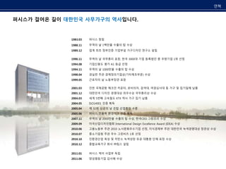 퍼시스가 걸어온 길이 대한민국 사무가구의 역사입니다. 
1983.03 퍼시스 창립 
1988.11 무역의 날 1백만불 수출의 탑 수상 
1989.12 업계 최초 정부인증 기업부설 가구디자인 연구소 설립 
1990.11 무역의 날 국무총리 표창, 한국 3000대 기업 등록법인 중 우량기업 1위 선정 
1994.08 기업신용도 평가 A1 등급 선정 
1994.11 무역의 날 1000만불 수출의 탑 수상 
1998.04 경실련 주관 경제정의기업상(기타제조부문) 수상 
1999.05 근로자의 날 노동부장관 표창 
2001.03 인천 국제공항 체크인 카운터, 로비의자, 검색대, 여권심사대 등 가구 및 집기일체 납품 
2001.12 대한민국 디자인 경영대상 최우수상 국무총리상 수상 
2004.03 세계 5번째 고속철도 KTX 역사 가구 집기 납품 
2004.05 ISO14001 인증 획득 
2005.04 제 32회 상공의 날 은탑 산업훈장 수훈 
2005.06 퍼시스 전품목 환경마크 인증 획득 
2007.11 무역의 날 2000만불 수출의 탑 수상, 한국CEO 그랑프리 수상 
2009.09 미국산업디자인협회 International Design Excellence Award (IDEA) 수상 
2010.06 고용노동부 주관 2010 노사문화우수기업 선정, 지식경제부 주관 대한민국 녹색경영대상 장관상 수상 
2010.07 중소기업청 주관 우수 그린비즈 1호 선정 
2010.10 친환경산업 육성 및 저탄소 녹색성장 유공 대통령 단체 표창 수상 
2010.12 종합교육가구 회사 ㈜팀스 설립 
2011.01 퍼시스 케어 사업부 독립 
연혁 
2011.06 양성평등기업 감사패 수상 
 