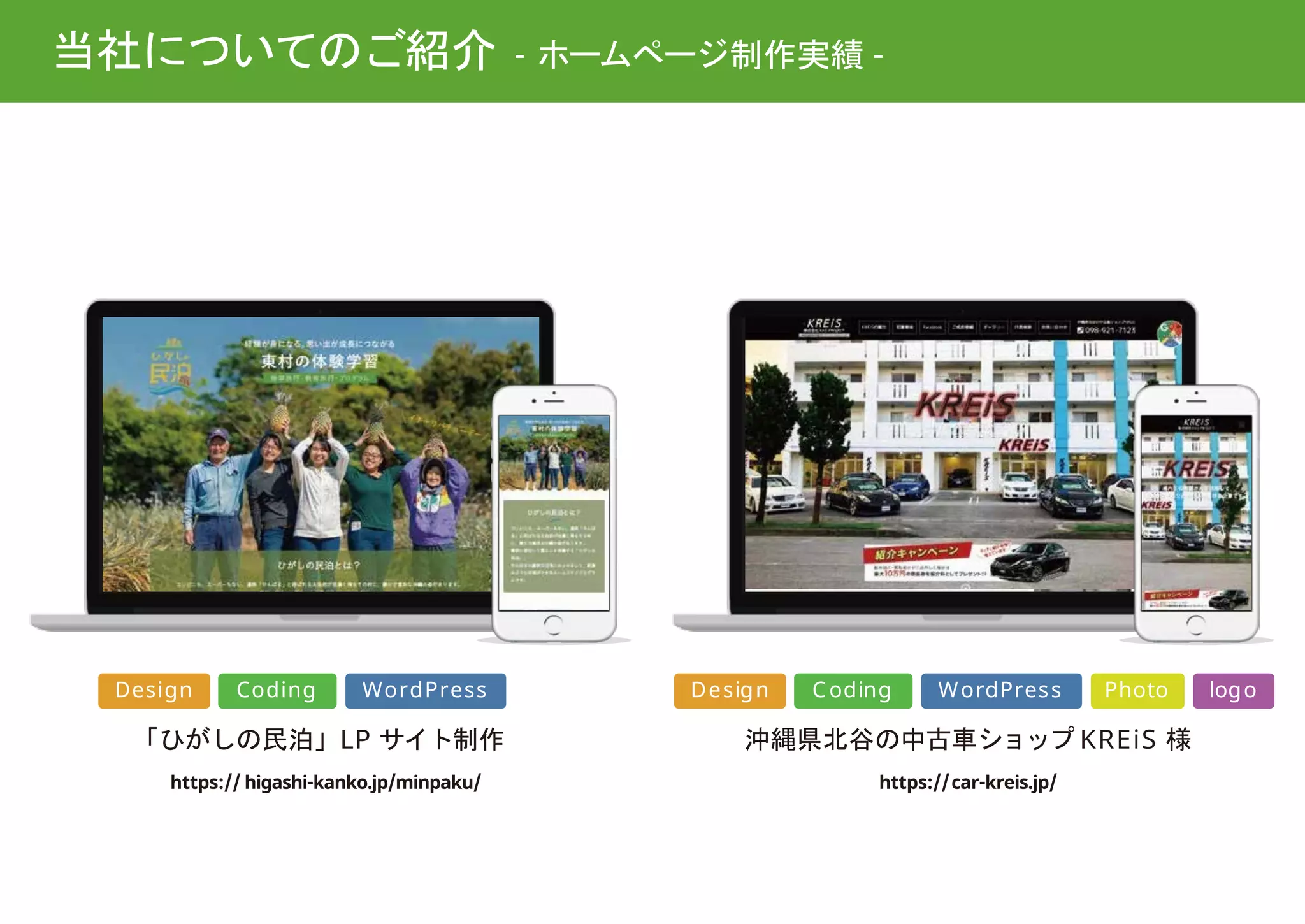 当社についてのご紹介 - ホームページ制作実績 -
Design Coding WordPress
「ひがしの民泊」LP サイト制作
https:// higashi-kanko.jp/minpaku/
Design Coding WordPress Photo logo
沖縄県北谷の中古車ショップ KREiS 様
https://car-kreis.jp/
 