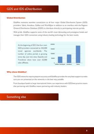 GDS and IDS eDistribution
GlobRes maintains seamless connections to all four major Global Distribution System (GDS)
providers: Sabre, Amadeus, Galileo and WorldSpan in addition to an interface with the Pegasus
Onward Distribution Database (ODD) to distribute directly to participating internet portals.
With pride, GlobRes supports some of the world's most demanding and prestigious hotels and
manages their GDS connection using industry leading technology for the best results.
Global Distribution
Why chose GlobRes?
Something else
The GDS networks require pinpoint accuracy and GlobRes provides the very best support to make
sure you are presented on the networks in the best way possible.
From boutique hotels to large international chains, our experience with GDS best practice means
that partnering with GlobRes means partnering with industry leaders.
0
50000
100000
150000
200000
Galileo/ Worldspan Amadeus Sabre
At the beginning of 2013 the four main
GDS providers connected to 342,000
travel agencies worldwide. The
number of online portals is growing
every day. Just two sites; Expedia and
Travelnow alone have over 52,000
sales affiliates.
5
 