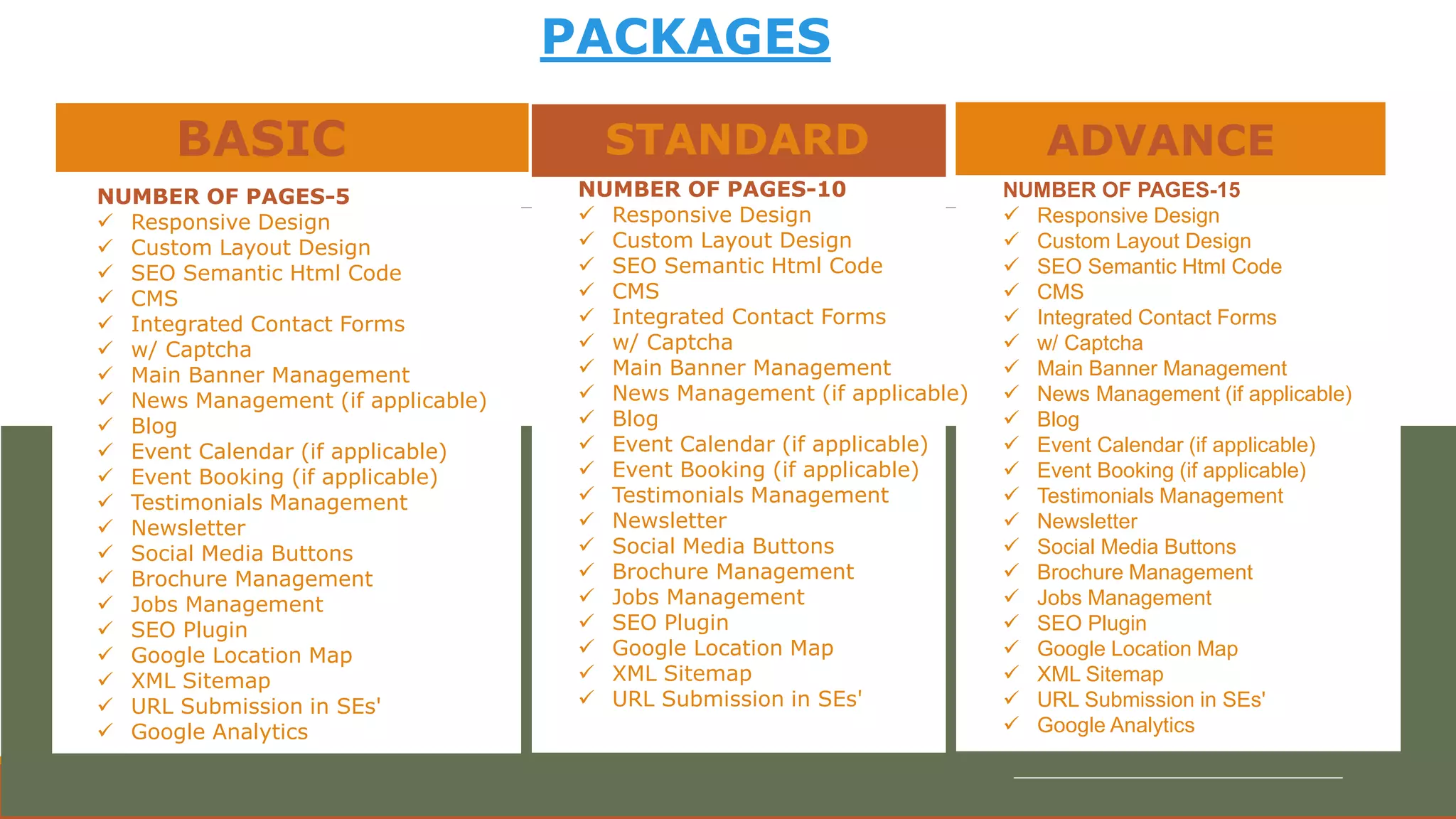 BASIC
NUMBER OF PAGES-5
 Responsive Design
 Custom Layout Design
 SEO Semantic Html Code
 CMS
 Integrated Contact Forms
 w/ Captcha
 Main Banner Management
 News Management (if applicable)
 Blog
 Event Calendar (if applicable)
 Event Booking (if applicable)
 Testimonials Management
 Newsletter
 Social Media Buttons
 Brochure Management
 Jobs Management
 SEO Plugin
 Google Location Map
 XML Sitemap
 URL Submission in SEs'
 Google Analytics
ADVANCED
STANDARD
PACKAGES
NUMBER OF PAGES-10
 Responsive Design
 Custom Layout Design
 SEO Semantic Html Code
 CMS
 Integrated Contact Forms
 w/ Captcha
 Main Banner Management
 News Management (if applicable)
 Blog
 Event Calendar (if applicable)
 Event Booking (if applicable)
 Testimonials Management
 Newsletter
 Social Media Buttons
 Brochure Management
 Jobs Management
 SEO Plugin
 Google Location Map
 XML Sitemap
 URL Submission in SEs'
•Google Analytics
NUMBER OF PAGES-15
 Responsive Design
 Custom Layout Design
 SEO Semantic Html Code
 CMS
 Integrated Contact Forms
 w/ Captcha
 Main Banner Management
 News Management (if applicable)
 Blog
 Event Calendar (if applicable)
 Event Booking (if applicable)
 Testimonials Management
 Newsletter
 Social Media Buttons
 Brochure Management
 Jobs Management
 SEO Plugin
 Google Location Map
 XML Sitemap
 URL Submission in SEs'
 Google Analytics
 