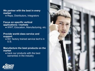 We partner with the best in every
market
● Reps, Distributors, Integrators
Focus on specific vertical
applications / markets
● WWT, Education, Manufacturing, etc.
Provide world class service and
support
● 60+ factory trained service tech’s in
U.S.
Manufacture the best products on the
market
● back our products with the best
warranties in the industry
 