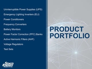 Uninterruptible Power Supplies (UPS)
Emergency Lighting Inverters (ELI)
Power Conditioners
Frequency Converters
Battery Monitors
Power Factor Correction (PFC) Banks
Active Harmonic Filters (AHF)
Voltage Regulators
Test Sets
PRODUCT
PORTFOLIO
 