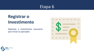 Etapa 6
Depositar o investimento necessário
para iniciar as operações
Registrar o
Investimento
 
