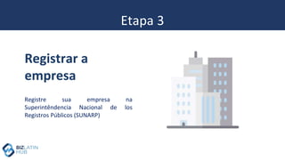 Etapa 3
Registre sua empresa na
Superintêndencia Nacional de los
Registros Públicos (SUNARP)
Registrar a
empresa
 