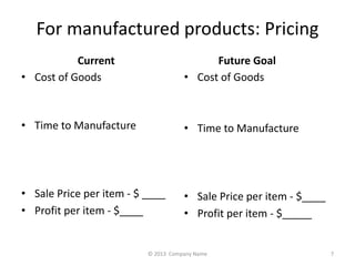 For manufactured products: Pricing 
Current 
? Cost of Goods 
? Time to Manufacture 
? Sale Price per item - $ ____ 
? Profit per item - $____ 
Future Goal 
? Cost of Goods 
? Time to Manufacture 
? Sale Price per item - $____ 
? Profit per item - $_____ 
? 2013 Company Name 7 
 