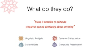 What do they do? 
“Make it possible to compute ! 
whatever can be computed about anything” 
Linguistic Analysis! 
! 
Curated Data! 
Dynamic Computation ! 
! 
Computed Presentation ! 
! 
 