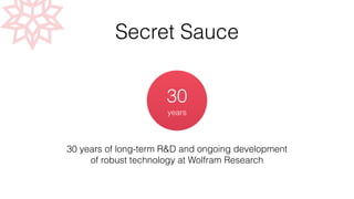 Secret Sauce 
30 ! 
years 
30 years of long-term R&D and ongoing development 
of robust technology at Wolfram Research 
 