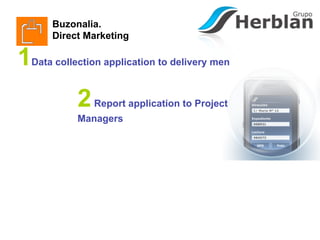 Buzonalia.
        Direct Marketing

1   Data collection application to delivery men



             2   Report application to Project
             Managers
 