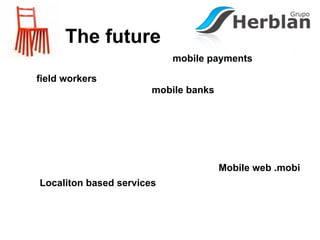 The future
                           mobile payments

field workers
                       mobile banks




                                      Mobile web .mobi
Localiton based services
 