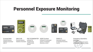 Personnel Exposure Monitoring
EcotestCARD
Personal Gamma
Radiation Dosimeter
DKG-21
DKG-21M
Personal Gamma
Radiation Dosimeter
PDC ECOMONITOR
Software for
Programming
and Dosimetry
Control
ASIDC Ecotest
Software for automated
system of individual
dosimetry control
Emergency dosimetric
(EPD) kit
Standalone automated system
for individual dosimetry control
ASIDC-21
Automated System
of Individual Dosimetry
Control
 