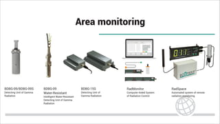 Area monitoring
BDBG-09/BDBG-09S
Detecting Unit of Gamma
Radiation
RadMonitor
Computer-Aided System
of Radiation Control
RadSpace
Automated system of remote
radiation monitoring
BDBG-09
Water-Resistant
Intelligent Water-Resistant
Detecting Unit of Gamma
Radiation
BDBG-15S
Detecting Unit of
Gamma Radiation
 