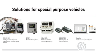 Solutions for special purpose vehicles
DRG-T
Radiation Survey Device
PRHR-ME
Intelligent Water-Resistant
Radiation and Chemical Survey
Device
BDBG-15S
Detecting Unit of
Gamma Radiation
GeoRad
Hardware and Software System
KDU-6BM
Shipboard radiation
monitoring equipment
 
