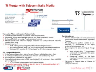 48Investor Meetings – June 2015
TI Merger with Telecom Italia Media
Note: (1) Pro-forma for 100% contribution of GELE assets.Persidera
70% 30%
77.7% Ordinary Shares
0.9% Saving Shares
(1)
Persidera Merger
 Telecom Italia and GELE to continue assessing
options for a short-to-medium-term disposal of
Persidera
 The only frequency platform available to non-
integrated TV broadcasters in the digital
terrestrial TV landscape in Italy
 Business poised to grow meaningfully through
2018
 Most contracts with TV broadcasters
successfully renegotiated and in place
for multiple years
 Contractual visibility on the large
majority of revenues forecast over the
plan horizon
 Call option for Telecom Italia on Channel 55
(700 MHz frequency)
(€m, except for share data) TIME
Mkt Cap Ordinary Shares 107.0
Mkt Cap Savings Shares 3.4
# Ordinary shares (m) 103.3
# Saving shares (m) 5.5
Net Debt (excl. Persidera) 2014E 195
Holding Costs 2014E (7)
(€m) Persidera
Net Debt 2014E 75
EBITDA 2014E 35
Transaction Pillars and Impact on Telecom Italia
 Simplification will extend to the Telecom Italia Group structures
 Elimination of costs associated with listing, in light of the limited stock liquidity
 Enhanced flexibility to manage Persidera disposal process
 Minority-friendly: cash withdrawal right (as per Italian Civil Code) at 6-month arithmetic
average share price
 Limited impact on TI
 0.1% ordinary share voting dilution if no withdrawal right exercised
 €28 million max cash outlay if all minority shareholders exercise withdrawal right
 Moderate EPS accretion (0.1%) / savings of ca. €2 million corporate costs
Key Terms and Milestones
 0.66x Telecom Italia ordinary shares for each Telecom Italia Media ordinary share
 0.47x Telecom Italia saving shares for each Telecom Italia Media saving share
 Exchange ratios confirmed on 19th March
 Cash withdrawal right granted to TIME shareholders (€1.06 per ordinary share and €0.60
per saving share)
 TI to purchase any withdrawing share not pre-empted
 Transaction approved by TI AGM on May 20th and by TI Media AGM on April 30th.
 Closing expected in July/August 2015
 