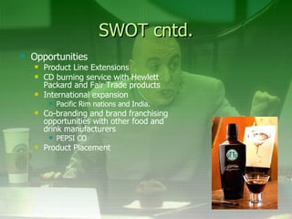 SWOT cntd. <ul><li>Opportunities </li></ul><ul><ul><li>Product Line Extensions </li></ul></ul><ul><ul><li>CD burning servi...