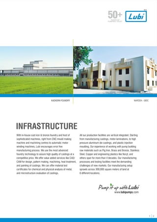 With in-house cast iron & bronze foundry and host of
sophisticated machines, right from CNC mould making
machine and machining centres to automatic motor
winding machines, Lubi encourages error free
manufacturing process. We use the most advanced
foundry technology to assure high quality of castings at a
competitive price. We offer value added services like CAD/
CAM for design, pattern making, machining, heat treatment,
and painting of castings. We can offer material test
certificates for chemical and physical analysis of metal,
and microstructure evaluation of castings.
All our production facilities are vertical integrated. Starting
from manufacturing castings, motor laminations, to high
pressure aluminum die castings, and plastic injection
moulding. Our experience of working with pump building
raw materials such as Pig Iron, Brass and Bronze, Stainless
Steel, Copper and engineering plastics like Noryl, and
others span for more than 4 decades. Our manufacturing
processes and testing facilities meet the demanding
challenges of new markets. Our manufacturing setup
sprawls across 300,000 square meters of land at
6 different locations.
INFRASTRUCTURE
www.lubipumps.com
KADADRA FOUNDRY
1 2
NARODA - GIDC
 