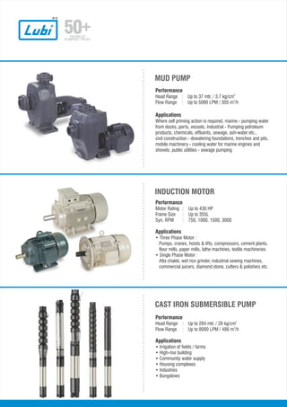 CAST IRON SUBMERSIBLE PUMP
Performance
2
Head Range : Up to 284 mtr. / 28 kg/cm
3
Flow Range : Up to 8000 LPM / 486 m /h
Applications
• Irrigation of fields / farms
• High-rise building
• Community water supply
• Housing complexes
• Industries
• Bungalows
Performance
Motor Rating : Up to 430 HP
Frame Size : Up to 355L
Syn. RPM : 750, 1000, 1500, 3000
Applications
• Three Phase Motor :
Pumps, cranes, hoists & lifts, compressors, cement plants,
flour mills, paper mills, lathe machines, textile machineries
• Single Phase Motor :
Atta chakki, wet rice grinder, industrial sewing machines,
commercial juicers, diamond stone, cutters & polishers etc.
INDUCTION MOTOR
Performance
2
Head Range : Up to 37 mtr. / 3.7 kg/cm
3
Flow Range : Up to 5080 LPM / 305 m /h
Applications
Where self priming action is required, marine - pumping water
from docks, ports, vessels, Industrial - Pumping petroleum
products, chemicals, effluents, sewage, ash-water etc.,
civil construction - dewatering foundations, trenches and pits,
mobile machinery - cooling water for marine engines and
shovels, public utilities - sewage pumping
MUD PUMP
 