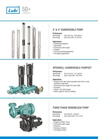 Performance
2
Head Range : Up to 90 mtr. / 9 kg/cm
3
Flow Range : Up to 2520 LPM / 151.2 m /h
Applications
• Irrigation of fields / farms
• Community water supply
• Industries
• Housing complexes
• Fire fighting system
:
:
:
THREE PHASE MONOBLOCK PUMP
Performance
2
Head Range : Up to 141 mtr. / 14.1 kg/cm
Flow Range : Up to 5180 LPM / 310 m³/hr.
Applications
• Irrigation from open wells especially where there is wide
fluctuation water levels
• Community water supply from open wells
• Fountains
• Canals / river belt Irrigation
• Water supply for high-rise building
OPENWELL SUBMERSIBLE PUMPSET
Performance
2
Head Range : Up to 547 mtr. / 54.6 kg/cm
Flow Range : Up to 530 LPM / 31.8 m³/hr.
Applications
• Residential bungalows
• Apartments
• Community water supply
• Irrigation
• Civil and industrial applications
• Fire fighting applications
3" & 4" SUBMERSIBLE PUMP
 
