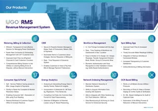 Our Products
RMS
Revenue Management System
Metering, Billing & Collection
Ÿ Efﬁcient, Transparent & Cost-effective
Solution for Managing Power Distribution
Ÿ Faster New Connection & Onboarding
Management with 24*7 Customer Care
Ÿ Improved Cash Flow via ePayment
Channels & Cash Collection Counters
Ÿ Comprehensive Billing Solution to Aid
Utilities in Lowering Billing Errors &
Disputes, without Manual Intervention.
CRM
Ÿ Secure & Powerful Solution Manages &
Keeps Track of Consumers, Meters, Bills
& Payments
Ÿ Automated Alerts to Customers about
Outages, Service Requests or Billing etc.
Ÿ Real - Time Requests & Grievance
System
Ÿ Enables Customers to View & Pay their
Bills & Manage Payment Preferences.
Consumer App & Portal
Ÿ Self - Service Platform having access to
Bills, Usage Graphs & Payments
Ÿ Facility to Raise the Complaint & Monitor
Resolution Status
Ÿ Enabling Consumer Self - Generation of
Bills using Trust Reading
Ÿ Reduce Workload of Customer Support
Ofﬁce & Increase Revenue
Energy Analytics
Ÿ Analyzing & Interpreting Energy Data to
Identify Trends, Patterns & Insights
Ÿ Incorporation of Advanced AI / Ml Tools
eg. Regression, Time Series etc.
Ÿ Compiling of all Data into Common Data
Format for Data Preprocessing
Ÿ Detection & Mitigation of Potential
Losses using AI- Based Reasoning.
Workforce Management
Ÿ In / Out Timings Correlated with the App
Ÿ Real - Time Tracking of Workforce via
Dashboards & Geo- Location
Ÿ Easy & Intuitive UI to Assign, Un- Assign,
Reassign, Transfer Assignment Division,
Book, Binder, Group & Consumer Wise
Ÿ Biometric Authentication with Face
Recognition & other Validation Checks
(eg. Selﬁe Based Authentication).
Spot Billing App
Ÿ Improved Cash Flow & Increased
Revenue
Ÿ Timely Accurate Meter Readings & Billing
Ÿ Integration of Various Activities at
Centralized Window
Ÿ Increased Transparency & Customer
Satisfaction
Ÿ Online Monitoring of Billing Information.
Network Indexing Management
Ÿ Maintain Network Hierarchy of
Distribution System
Ÿ Ability to Acquire Information from
Existing GIS Systems
Ÿ Able to Integrate with Other Systems eg.
EA, Fault Detection, OMS etc.
Ÿ Data Warehousing & Archiving on Cloud
Service for Enhanced Security.
OCR Based Billing
Ÿ Works on all Meters Across Utilities /
Protocols
Ÿ Recording of Photo & Video of Screen
Display for further Audits & Veriﬁcation
Ÿ AI / ML- Based Intelligence for Audit of
Captured Data.
Ÿ Automation of the Billing Process &
Reduction of Manual Intervention.
www. .in
inventia
 