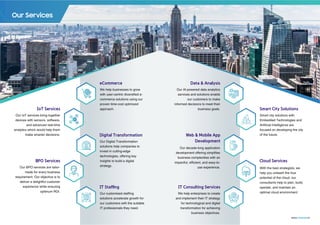 Our Services
We help businesses to grow
with user-centric diversiﬁed e-
commerce solutions using our
proven time-cost optimized
approach.
eCommerce
Our BPO services are tailor-
made for every business
requirement. Our objective is to
deliver a delightful customer
experience while ensuring
optimum ROI.
BPO Services
Digital Transformation
IT Stafﬁng
Data & Analysis
Smart City Solutions
Cloud Services
Web & Mobile App
Development
IT Consulting Services
Our Digital Transformation
solutions help companies to
invest in cutting-edge
technologies, offering key
insights to build a digital
strategy.
Our customised stafﬁng
solutions accelerate growth for
our customers with the suitable
IT professionals they need.
Smart city solutions with
Embedded Technologies and
Artiﬁcial Intelligence are
focused on developing the city
of the future.
With the best strategists, we
help you unleash the true
potential of the cloud, our
consultants help to plan, build,
operate, and maintain an
optimal cloud environment.
Our AI-powered data analytics
services and solutions enable
our customers to make
informed decisions to meet their
business goals.
Our decade-long application
development offering simpliﬁes
business complexities with an
impactful, efﬁcient, and easy-to-
use experience.
We help enterprises to create
and implement their IT strategy
for technological and digital
transformation for achieving
business objectives.
Our IoT services bring together
devices with sensors, software,
and advanced real-time
analytics which would help them
make smarter decisions.
IoT Services
www. .in
inventia
 