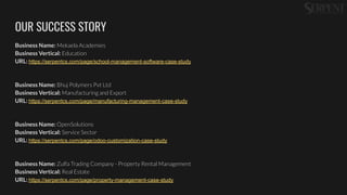 OUR SUCCESS STORY
Business Name: Mekaela Academies
Business Vertical: Education
URL: https://serpentcs.com/page/school-management-software-case-study
Business Name: Bhuj Polymers Pvt Ltd
Business Vertical: Manufacturing and Export
URL: https://serpentcs.com/page/manufacturing-management-case-study
Business Name: OpenSolutions
Business Vertical: Service Sector
URL: https://serpentcs.com/page/odoo-customization-case-study
Business Name: Zulfa Trading Company - Property Rental Management
Business Vertical: Real Estate
URL: https://serpentcs.com/page/property-management-case-study
 