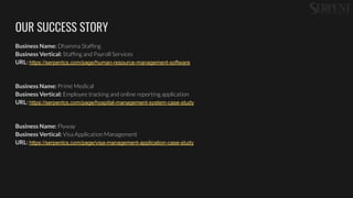 OUR SUCCESS STORY
Business Name: Dhamma Stafﬁng
Business Vertical: Stafﬁng and Payroll Services
URL: https://serpentcs.com/page/human-resource-management-software
Business Name: Prime Medical
Business Vertical: Employee tracking and online reporting application
URL: https://serpentcs.com/page/hospital-management-system-case-study
Business Name: Flyway
Business Vertical: Visa Application Management
URL: https://serpentcs.com/page/visa-management-application-case-study
 