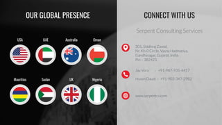 USA
Mauritius
UAE
Sudan
Australia
UK
Oman
Nigeria
OUR GLOBAL PRESENCE CONNECT WITH US
Serpent Consulting Services
301, Siddhraj Zavod,
Nr. Kh-0 Circle, Vasna Hadmatiya,
Gandhinagar, Gujarat, India.
Pin – 382423.
Jay Vora : +91-987-935-4457
Husen Daudi : +91-903-347-2982
www.serpentcs.com
 