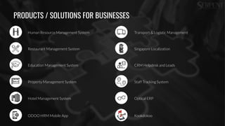 PRODUCTS / SOLUTIONS FOR BUSINESSES
Human Resource Management System
Restaurant Management System
Education Management System
Property Management System
Hotel Management System
Transport & Logistic Management
Singapore Localization
CRM Helpdesk and Leads
Staff Tracking System
Optical ERP
ODOO HRM Mobile App Kookdokoo
 
