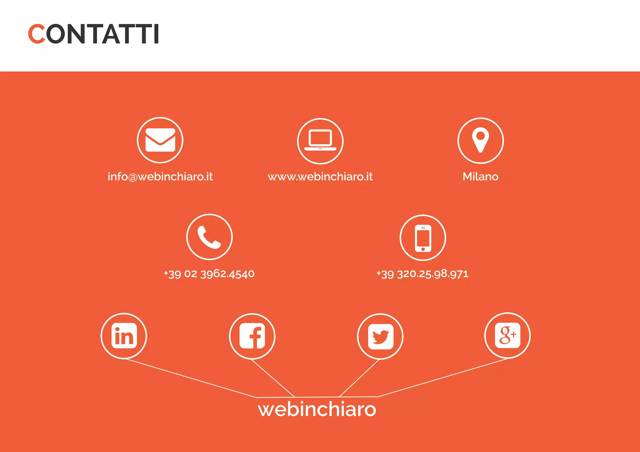 CONTATTI 
 
 
 
info@webinchiaro.it 
www.webinchiaro.it 
Milano 
 
 
 
+39 02 3962.4540 
+39 320.25.98.971 
 
 
 
webinchiaro 