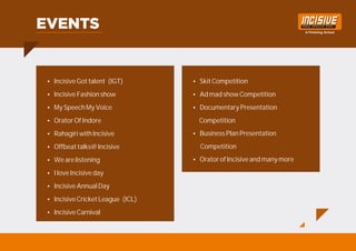 ŸIncisive Got talent (IGT)
ŸIncisive Fashion show
ŸMy Speech My Voice
ŸOrator Of Indore
ŸRahagiri with Incisive
ŸOffbeat talks@ Incisive
ŸWe are listening
ŸI love Incisive day
ŸIncisive Annual Day
ŸIncisive Cricket League (ICL)
ŸIncisive Carnival
ŸSkit Competition
ŸAd mad show Competition
ŸDocumentary Presentation
Competition
ŸBusiness Plan Presentation
Competition
ŸOrator of Incisive and many more
 