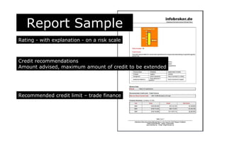 Report Sample
Rating - with explanation - on a risk scale
Credit recommendations
Amount advised, maximum amount of credit to be extended
Recommended credit limit – trade finance
 