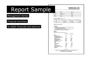 Report Sample
Management Names
Financial Summary
In depth financials and balances
 