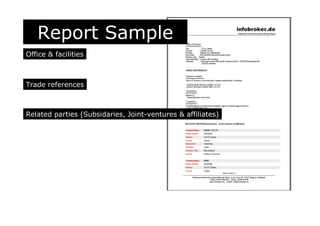 Report Sample
Office & facilities
Trade references
Related parties (Subsidaries, Joint-ventures & affiliates)
 