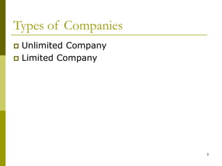 3
Types of Companies
 Unlimited Company
 Limited Company
 