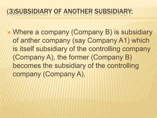(3)SUBSIDIARY OF ANOTHER SUBSIDIARY:

   Where a company (Company B) is subsidiary
    of anther company (say Company A1) which
    is itself subsidiary of the controlling company
    (Company A), the former (Company B)
    becomes the subsidiary of the controlling
    company (Company A).
 