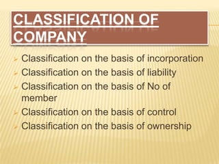 CLASSIFICATION OF
COMPANY
 Classification on the basis of incorporation
 Classification on the basis of liability

 Classification on the basis of No of
  member
 Classification on the basis of control

 Classification on the basis of ownership
 