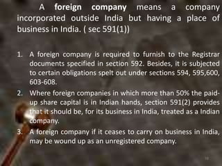 A foreign company means a company
incorporated outside India but having a place of
business in India. ( sec 591(1))
1. A f...