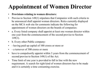 Appointment of Women Director
• Provisions relating to women directors:
• Proviso to Section 149(1) stipulates that Companies with such criteria to
be announced shall appoint woman directors. Rules currently displayed
on the MCA web site for comments indicate the following for
appointment of women directors on the boards of companies:
• a. Every listed company shall appoint at least one woman director within
one year from the commencement of the second proviso to Section
149(1).
• b. Every other Public company:
• - having paid up capital of 100 crores or more or
• - a turnover of 300 crores or more
• have to compulsorily appoint within 3 years from the commencement of
second proviso to Section 149(1) of the Act.
• Time limit of one year is provided to fall in line with the new
requirement. A search for right kind of women directors has to be made
and it is certainly a time consuming exercise.
 