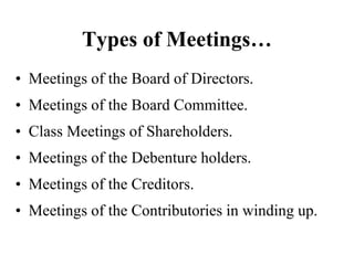 Types of Meetings…
• Meetings of the Board of Directors.
• Meetings of the Board Committee.
• Class Meetings of Shareholders.
• Meetings of the Debenture holders.
• Meetings of the Creditors.
• Meetings of the Contributories in winding up.
 