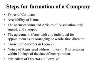 Steps for formation of a Company
• Types of Company
• Availability of Name
• The Memorandum and Articles of Association duly
signed, and stamped.
• The agreement, if any with any individual for
appointment as its Managing or whole-time director.
• Consent of directors in Form 29.
• Notice of Registered address in Form 18 to be given
within 30 days of the date of incorporation.
• Particulars of Directors in Form 32.
 