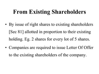 From Existing Shareholders
• By issue of right shares to existing shareholders
[Sec 81] allotted in proportion to their existing
holding. Eg. 2 shares for every lot of 5 shares.
• Companies are required to issue Letter Of Offer
to the existing shareholders of the company.
 