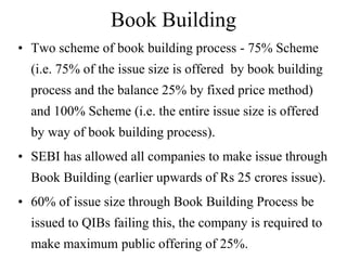 Book Building
• Two scheme of book building process - 75% Scheme
(i.e. 75% of the issue size is offered by book building
process and the balance 25% by fixed price method)
and 100% Scheme (i.e. the entire issue size is offered
by way of book building process).
• SEBI has allowed all companies to make issue through
Book Building (earlier upwards of Rs 25 crores issue).
• 60% of issue size through Book Building Process be
issued to QIBs failing this, the company is required to
make maximum public offering of 25%.
 