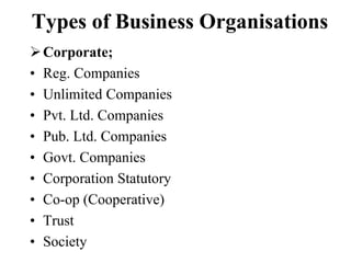 Types of Business Organisations
Corporate;
• Reg. Companies
• Unlimited Companies
• Pvt. Ltd. Companies
• Pub. Ltd. Companies
• Govt. Companies
• Corporation Statutory
• Co-op (Cooperative)
• Trust
• Society
 