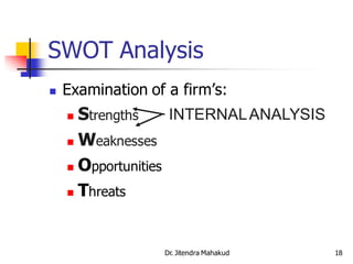 SWOT Analysis
   Examination of a firm’s:
     Strengths     INTERNAL ANALYSIS
     Weaknesses

     Opportunities

     Threats




                  Dr. Jitendra Mahakud   18
 