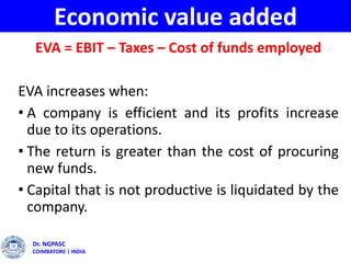 Economic value added
EVA = EBIT – Taxes – Cost of funds employed
EVA increases when:
• A company is efficient and its profits increase
due to its operations.
• The return is greater than the cost of procuring
new funds.
• Capital that is not productive is liquidated by the
company.
Dr. NGPASC
COIMBATORE | INDIA
 
