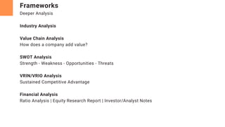 Frameworks
Deeper Analysis
Industry Analysis
Value Chain Analysis
How does a company add value?
SWOT Analysis
Strength - Weakness - Opportunities - Threats
VRIN/VRIO Analysis
Sustained Competitive Advantage
Financial Analysis
Ratio Analysis | Equity Research Report | Investor/Analyst Notes
 