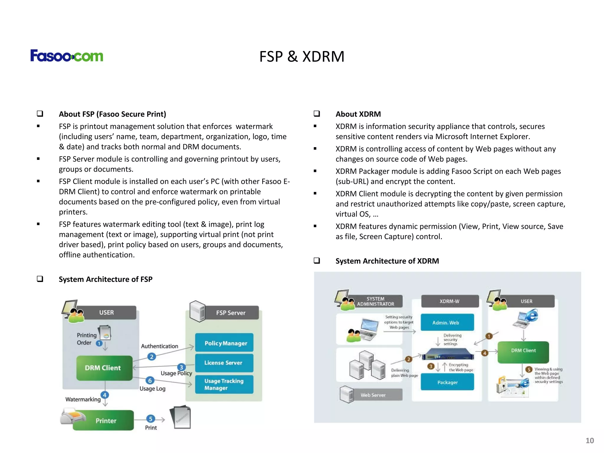 FSP & XDRM About FSP (Fasoo Secure Print) FSP is printout management solution that enforces  watermark (including users’ name, team, department, organization, logo, time & date) and tracks both normal and DRM documents. FSP Server module is controlling and governing printout by users, groups or documents. FSP Client module is installed on each user’s PC (with other Fasoo E-DRM Client) to control and enforce watermark on printable documents based on the pre-configured policy, even from virtual printers. FSP features watermark editing tool (text & image), print log management (text or image), supporting virtual print (not print driver based), print policy based on users, groups and documents, offline authentication. System Architecture of FSP About XDRM XDRM is information security appliance that controls, secures sensitive content renders via Microsoft Internet Explorer. XDRM is controlling access of content by Web pages without any changes on source code of Web pages.  XDRM Packager module is adding Fasoo Script on each Web pages (sub-URL) and encrypt the content. XDRM Client module is decrypting the content by given permission and restrict unauthorized attempts like copy/paste, screen capture, virtual OS, … XDRM features dynamic permission (View, Print, View source, Save as file, Screen Capture) control. System Architecture of XDRM 