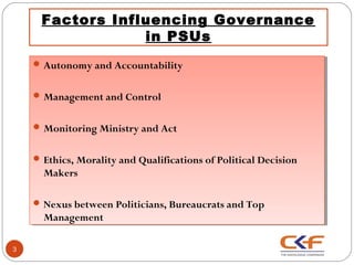 Factors Influencing Governance
                 in PSUs
     Autonomy and Accountability
     Autonomy and Accountability


     Management and Control
     Management and Control


     Monitoring Ministry and Act
     Monitoring Ministry and Act


     Ethics, Morality and Qualifications of Political Decision
     Ethics, Morality and Qualifications of Political Decision
      Makers
      Makers

     Nexus between Politicians, Bureaucrats and Top
     Nexus between Politicians, Bureaucrats and Top
      Management
      Management

3
 