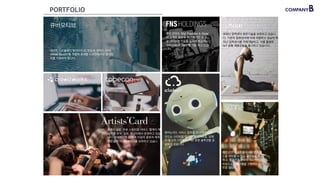 PORTFOLIO
큐버모티브
대면적 디스플레이 멀티터치 IC 반도체 ‘와이드 터치
(Wide Touch)’를 개발해 초대형 스크린에서의 멀티터
치를 가능하게 합니다.
패션 콘텐츠 채널 'Fashion & Style’
과 고객을 활용해 패션 매거진 및 소
셜 네트워크 기능을 동시에 제공하는
'FASSKER SNS'를 개발 하고 있습
니다.
휴머노이드 서비스 로봇을 더 스마트하게
만드는 스타트업 입니다. 롯데백화점, 암웨
이 등 5개 기업에 AI 기반 로봇 솔루션을 공
급하고 있습니다.
클래식 음원 무료 스트리밍 서비스 '클래식 매
니저'를 한국, 일본, 동남아에서 운영하고 있습
니다. 자체적으로 20만곡 이상의 음원과 체계
적인 음악 데이터베이스를 보유하고 있습니
다.
최첨단 압력센서 원천기술을 보유하고 있습니
다. 기존의 압력센서에 비해 저렴하고 성능이 뛰
어난 압력센서를 자체개발하고, 이를 활용한
IoT 응용 제품군들을 출시하고 있습니다.
청년,신인 예술가들이 새로운 트렌
드를 제작할 수 있는 플랫폼을 제공
하고, 웹콘텐츠 분야의 대표적인 크
라우드소싱 플랫폼을 구현하는 스타
트업 입니다.
 